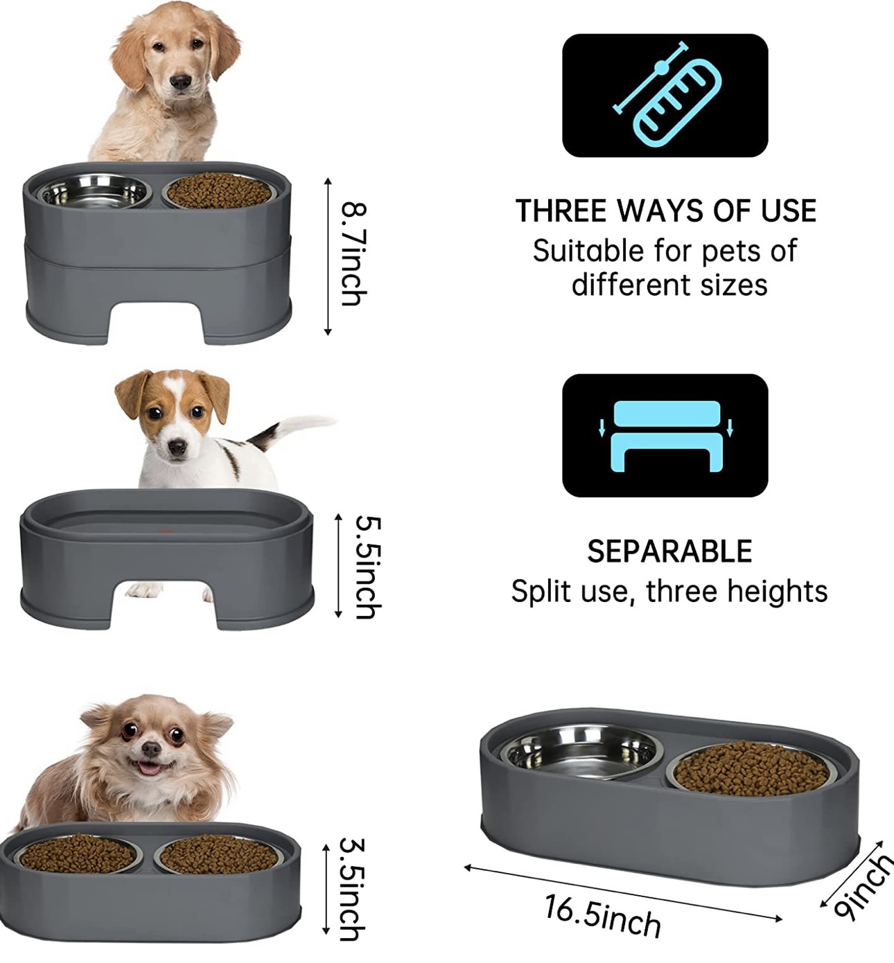 Elevated Dog Food Water Bowls 2 Stainless Steel Bowls, 3 Adjustable  Heights-Gray